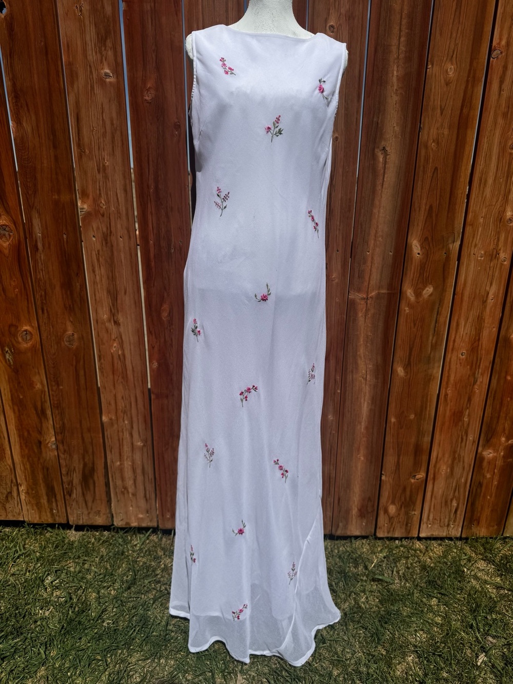 Jessica White Maxi Slip Dress with Pink Floral Embroidery